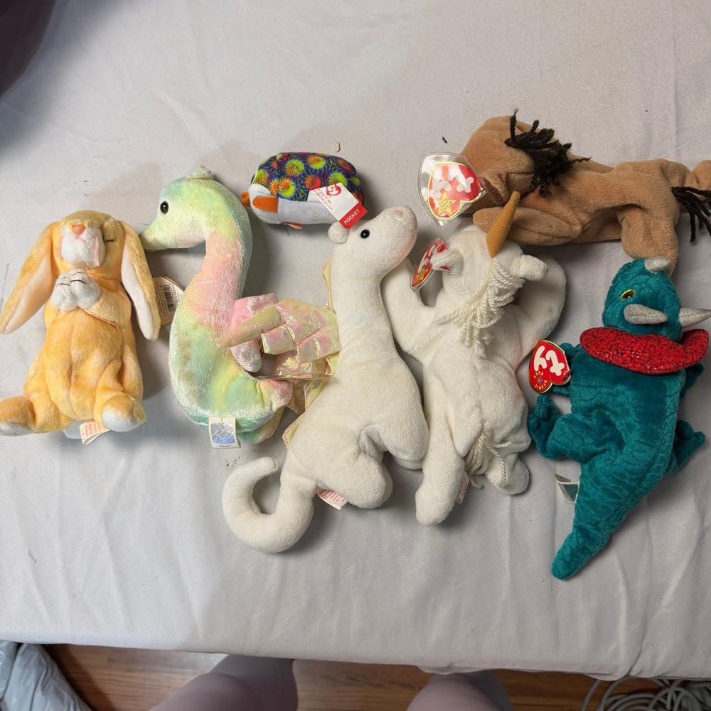 Ty Beanie Babies Collection Grace Neon Magic Hornsly & More Plush Toys Lot of 7